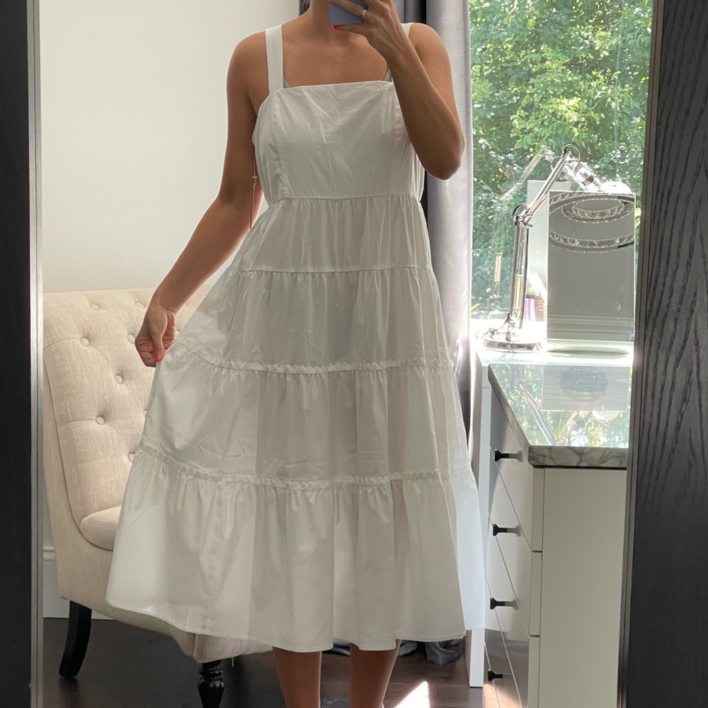 New! Casual White Tiered Midi Dress with Thick Straps and Full Skirt. Size L